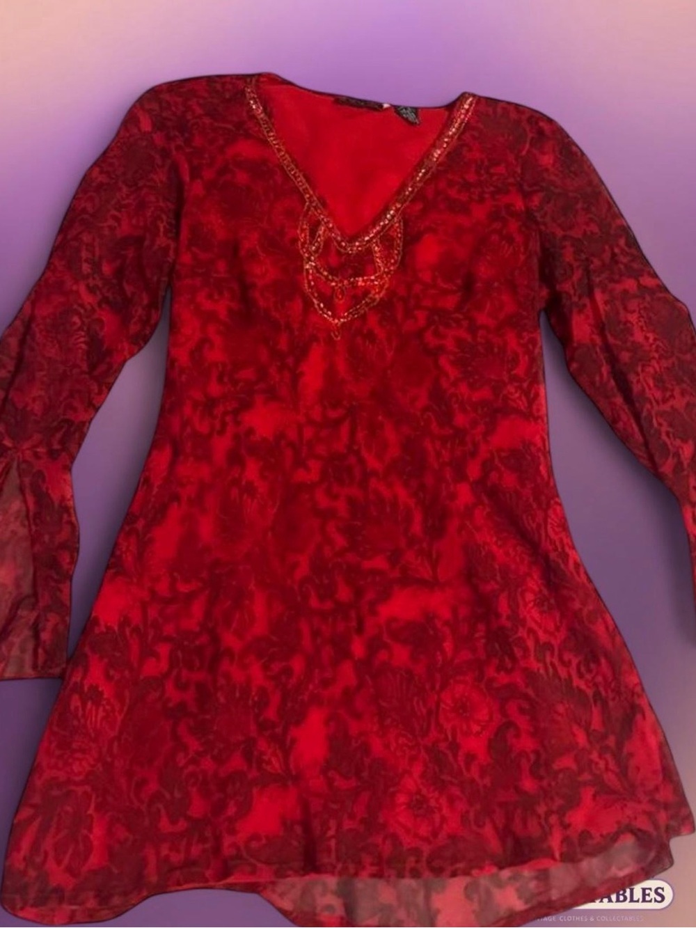 Vintage 70s look 100% silk bell sleeve blouse/mini dress